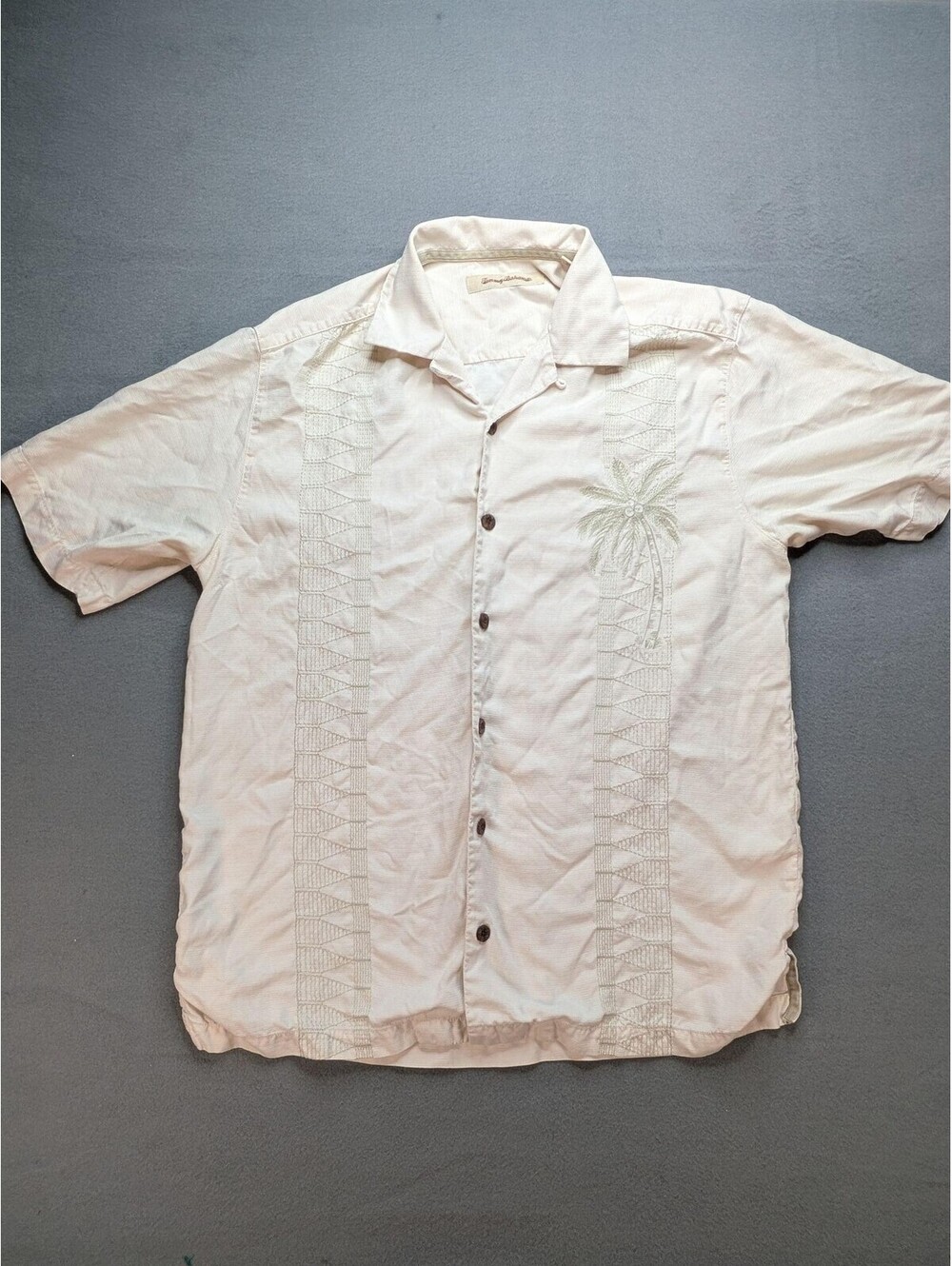 Tommy Bahama Shirt Mens S White Silk Palm Tree Embroidered Button Hawaiian